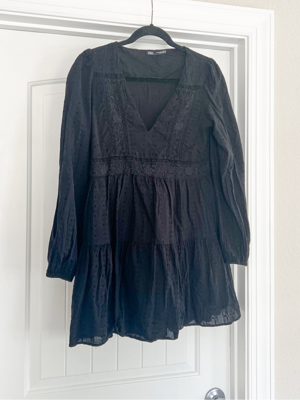 Zara long sleeve black boho peasant dress casual dress vneck flowy lined